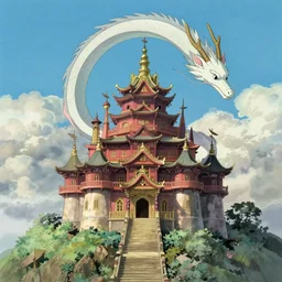 a magical palace on a mountain, a white dragon spirit flying in the sky, miyazaki's animated film, ghibli studio, spirited away, princess mononoke, 4 k, highly detailed,