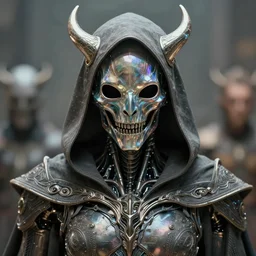 front shot of a ancient futuristic hooded dead biomechanical demon in dichroic glass mask mastermind character, intricate, elegant, highly detailed, centered depth of field. blurred background, (((artstation, concept art, smooth, sharp focus, artgerm, Tomasz Alen Kopera, Peter Mohrbacher, donato giancola, Joseph Christian Leyendecker, WLOP, Boris Vallejo))), mugshot!!!!!, ugly!!!!!!, octane render, nvidia raytracing demo, grainy, muted