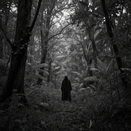 A transcendal being having a ritual in a mysterious and lush overgrown forest, dark fantasy, wide shot, black and white