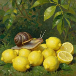 a snail animal selling lemons at a lemon stand in a garden, oil painting, classic art