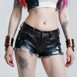 harley quinn as a tattooed armored wanderer pinup, wearing scratched and ripped leather shorts and a short jacket full of stamps and stitches, character sheet, fine details, concept design, contrast, kim jung gi, greg rutkowski, trending on artstation, 8 k, full body, turnaround, front view, back view, ultra wide angle