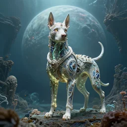symmetry! biblical diabolical bautiful cyborg dog with glowing veins, intricate detailed porcelain armor, ocean on alien planet titan, underwater photography, by gerald brom, by mikhail vrubel, by peter elson, muted colors, extreme detail, trending on artstation, 8 k