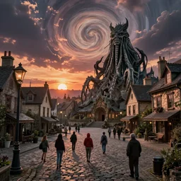 cthulhu visits a lovecraftian town square surrounded by houses and inns. lovecraft. cthulhu. lovecraftian city at sunset by cyril rolando and naomi okubo and dan mumford and ricardo bofill. lovecraftian cthulhu. cobbled streets. oil lamp posts. lovecraftian landscape. sunset swirly sky.