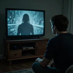 cursed photograph of a man watching a shadowy figure on TV, in the style of the movie the pulse,