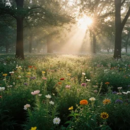 a large lush flower forest, early morning sunrise, volumetric lighting, light bloom effect, highly detailed photograph by Ansel Adams
