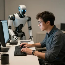 a writer sitting at his desk and working, beside him a robot is lurking at his work