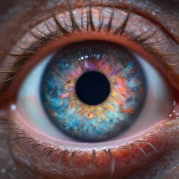 Macro photography of the universe inside an eye, 80mm, ultra detailed, colorful photo microscope, 8K, depth of field, bokeh, National Geographic, Science