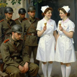 painting of sad soldiers and two smiling nurses with ice cream cones in their hands by emile friant