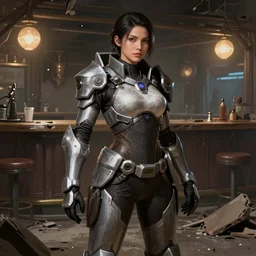 hyper detailed ultra sharp full body character portrait of a woman wearing futuristic hex armor standing in a destroyed dive bar, with a realistically proportioned face, cinematic lighting, good value control, smooth, realistic shading, realistic face details, smooth, highly detailed, digital painting, concept art, painted texture maps, illustration, art by studio fortiche, painted texture maps, substance painter, action pose