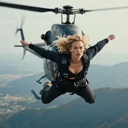 a photo of margot robbie in the air jumping from a helicopter, hyper realistic faces, beautiful eyes, cinematic, long shot, hyper detailed, 8 5 mm photograph, 8 k resolution, film still, sharp lens, wide lens