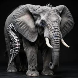 a stunning ultra detailed fine art illustration of an elephant with the body of a seahorse, by naoto hattori, large eyes, dragon scales, black background, studio lighting, 3 5 mm lens, artstation, 8 k, perfect face and eyes