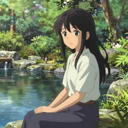 a beautiful girl with long dark hair, sitting by a pond, japanese garden, daytime, sharp focus, intricate, digital painting, artstation, official media, anime key visual, highly detailed, rich vivid colors, ambient lighting, illustration, art by Artgerm, Makoto Shinkai, Ilya Kuvshinov, Lois Van Baarle, and Rossdraws