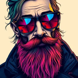 detailed hipster skinny man with dmt sunglasses, long vibrant colored beard, dmt, by james gurney + intricate and vibrant work + portrait + trending on artstation + incredible gothic illustration + exquisite detail