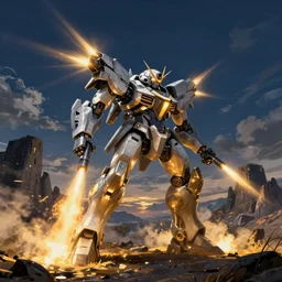 armored core v by fromsoftware, booster flares, legs, laser rifles, smoke, karst landscape, ; wide shot, outdoor, dark blue sky, cloud, wilderness ground, golden time, twilight ; digital painting, high contrast, dynamic backlighting, sharp edge, motion blur, photoreal,