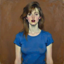 expressive medium shot portrait of a pale sexy young 8 0 s model busty woman with tomboy brown hair, big maroon lips, wearing a blue tight tshirt, brown background, oil painting, impasto, muted colors, artwork by lucian freud, arnold bocklin, wilhelm sasnal