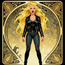 rafael albuquerque comic art, art nouveau, peter mohrbacher, artgerm, pretty scarlett johansson vampire sharp vampire teeth open mouth, symmetrical eyes, black leather jacket, jeans, long blonde hair, full body