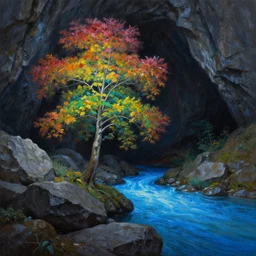 A beautiful, highly detailed, very realistic oil painting of a single tree with rainbow leaves, next to a small river, glowing bright blue in the middle of a huge, very dark cave, with lots of dark grey rocks, oil painting by Greg Rutkowski.