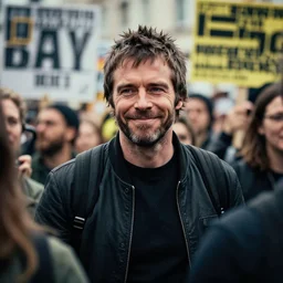liam Gallagher being nice and friendly at a progressive demonstration, photo journalism, photography, cinematic, national geographic photoshoot