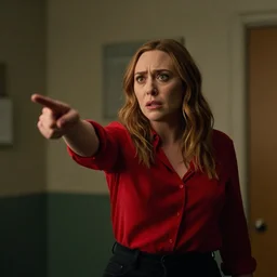 Elizabeth olsen angry and pointing with red shirt acting, backrooms, cinematic shot, cinestill 800 t