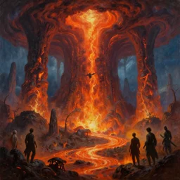 beautiful vivid dangerous alien landscape with evil looming with giant columns of magma, by roger dean, by anton fadeev, by albert bierstadt, magical realism, oil on canvas, soft render, octane, artstation
