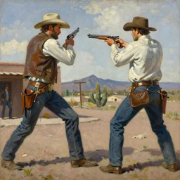 an extremely detailed masterpiece painting of a cowboy gunslinger facing off a professional gunslinger from a low angle in tucson, in the style of frank auerbach, epic scene, tensive mood