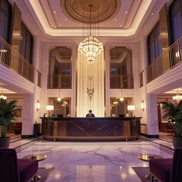a beautiful, sharp focus, clean lines. the interior of an art deco hotel. hotel lobby and receptionist. vaporwave ombre rendering. outrun style. trending on artstation. recommended for you behance. by chris moore. by edward hopper. ambient occlusion. digital matte painting. metropolis filmic. gotham city.