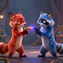 “red racoon holding laser gun standing face to face off with blue racoon holding laser gun, boxing style face off, cinematic, dramatic in the style of zootopia”