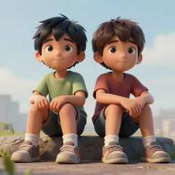 a couple of kids sitting next to each other, concept art by michelangelo, trending on cg society, sots art, official art, wallpaper, rendered in maya,