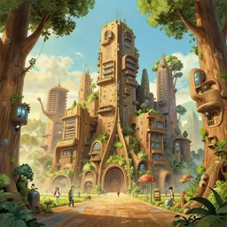highly detailed colored ink illustration, futuristic organic city, everything made of wood, buildings are trees, street level, futuristic environment, warm hazy forest floor lighting, cinematic lighting, octane render, sharp focus, clean shaped illustration by kim jung gi, studio ghibli, ric estrada, ron english and eiichiro oda
