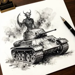 beautiful aesthetic inspirational masterful professional ink pen and watercolor sketch of an occult mystical eerie satanic tank in ww 1 verdun, fine details, trending on artstation, high quality paper