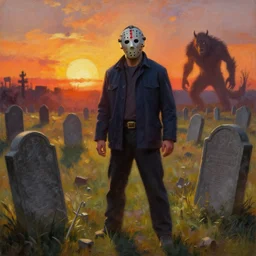 jason voorhees in the big graveyard gravestones, with werewolf monster in far background, backlight, sunset, oil painting landscape by frazetta
