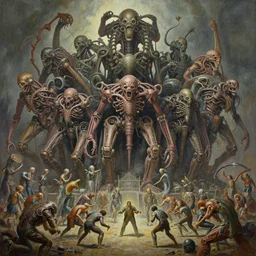 oil paint of 1 1 horrifying machines as flayed gods in tiers, colossal medical gangrene machines in tiers, dethroning / we machines / melee, battle pit, by shigeru komatsuzaki, by alberto bontempi, basil gogos, wayne d barlowe, stefano tamburini, ember light, muted colors, epic, hyper detailed, awe inspiring, award