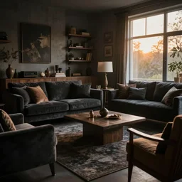 tastefully decorated dark dreamy living room with dark luxurious furnishings, and a mix of antique and modern furniture, and a mix of concrete and wood finishes, soft focus cinematic still, dark dreamy golden sunset dappled light
