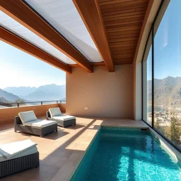 a sunny covered lounge with a swimming pool with clean water next to a large window with a view of the mountains, photo