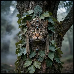 lomography shot of a realistic cataphracted tree covered by leaves, headdress, depth of field, smokey, dramatic light, dystopian environment, intricate, highly detailed, artstation, sharp focus, artgerm
