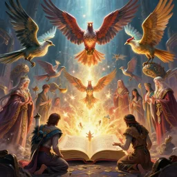 an epic fantastic realism comic book style painting depicting the summoning rituals of glorious birds from a futuristic grimoire, 8 k, ultra realistic, lens flare, atmosphere, glow, detailed, intricate, full of colour, cinematic lighting, trending on artstation, 4 k, hyperrealistic, focused, extreme details, unreal engine 5, cinematic, masterpiece
