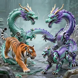 tiger and dragon cybernetic circling stalking high quality, photo realistic, high definition, shinto, jade and violet - 9