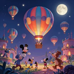 a beautiful colorful stunning fantasy whimsical matte digital storybook concept illustration of a night - time hot - air balloon race by marc simonetti and anato finnstark, disney, magical bokeh moon stars, trending on artstation hq, masterpiece