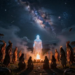 Dutch angle Fisheye lens way too close glowing futuristic warrior statue chanting tribesmen worshipping in the center of their village. Ominous clouds and smoke from the fire. 1100 AD. The Milky Way Galaxy is visible in the night sky along with many constellations and nebulas. Cinematic, Award winning, ultra high resolution, intricate details, UHD 8K. Rendered with autodesk arnold unreal engine octane render Lumion Blender Maxwell. Hidden message.