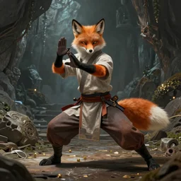 A fantasy comic book style portrait painting of a fox person training martial arts in a cavern setting, unreal 5, DAZ, hyperrealistic, octane render, RPG portrait, ambient light, dynamic lighting