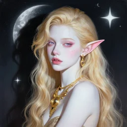 a beautiful painting of young androgenous elf with white skin and long blond wavy hair looking sensually, big gold jewelry, dramatic shadow, realistic, vaporwave and star behind, pink peoines, moon,