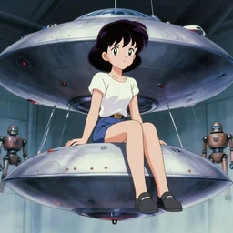 a film still of a 1 9 5 0's mechanic anime girl sitting on top of flying ufo landing in hangar of giant ufo spaceship, robots at background, sharp face focus, finely detailed features, full body mid shot, perfect art, trending on pixiv fanbox, painted by gaston bussiere, makoto shinkai, akihiko yoshida, gaston bussiere, craig mullins