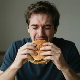 a crying man eating a hamburger