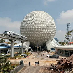 post - apocalyptic epcot center, wasteland, barren, monorail, abandoned, walt disney world, highly detailed, intricate, 8 k