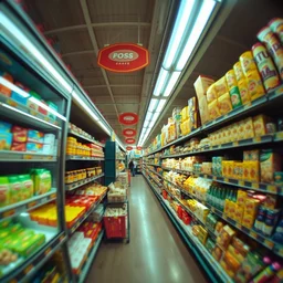supermarket aisles, fisheye lens, color, fluorescent lighting,