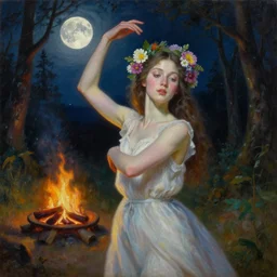 a painting of a young woman with flowers in her hair, she's dancing in front of a firepit in the middle of the forest, it's the middle of the night and the moon is full, high quality oil painting artstyle, feminine, delicate, hyperdetailed, in the style of anna dittmann, deviantart, figurative art, deviantart, ilya kuvshinov, lovecraftian, very detailed face, portrait