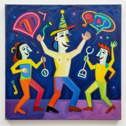 minimalistic. picasso, party, neon, colorful, party happy dancing characters, music, stunning, award, hdr, artstation, winning masterpiece by marc simonetti, by moebius and basquiat, oil on canvas