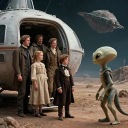 70mm still from a sci fi blockbuster movie made in 3222, set in 1860, of a family leaving a spaceship, and meeting a friendly humanoid alien, that has just landed on an alien planet, wearing 1850s era clothes, cinematic lighting, 8k, in focus faces, oscar winner, high quality photography