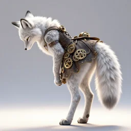 anthropomorphic lynx fursona bowing, view from behind, wearing steampunk dress with gears with lynx head, tail, paws, no boots, by tanidareal, irakli nadar, muggur, intricate linework, unreal engine, photorealistic 3 d render, furry art, furaffinity, bright sun backlight, white detailed fur, thin hind legs