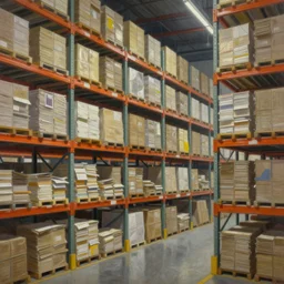 a contemporary painting of a warehouse with huge shelves in _ which stacks of paper are stored in the style of caravaggio atmosphere glow detailed intricate full of colour cinematic lighting